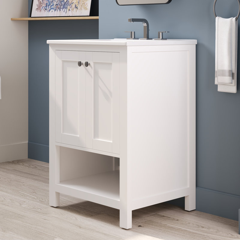 24" White Solid Wood Freestanding Bathroom Vanity with Ceramic Sink