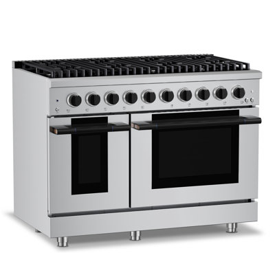 Hauslane 48" Gas Range In Stainless Steel | 8 Burners Up To 20,000 Btus | 6.7 Cu. Ft. Double Convection Oven With 5 Rack Positions | Convertible Ng/Lp | Cool-Touch Triple-Layer Door Matte Black