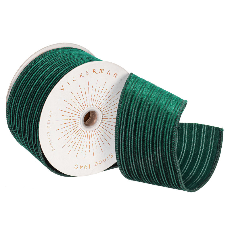 Vickerman 10yd Velvet Lined Satin Back Ribbon., Emerald, 0.2" H x 360" W x 2.5" D