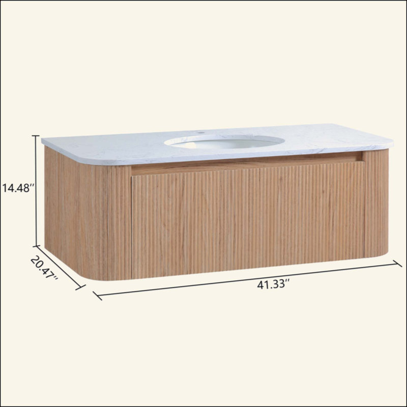 Meuble-lavabo mural avec comptoir en marbre artificiel, lavabo en céramique, conception courbée avec rayures, pré-assemblé