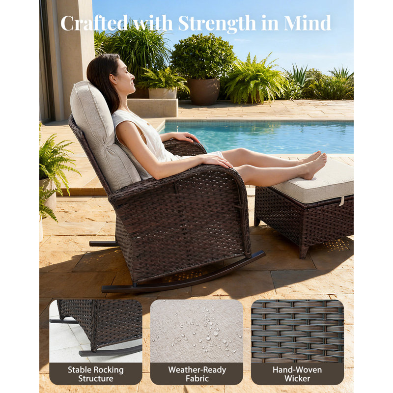Luxury Patio Furniture Set, High Back Outdoor Rocking Chairs with 6" Thick Cushions and Table, 3 Pieces All Weather Bistro Conversation Set for Porch Deck Balcony Yard (Beige)