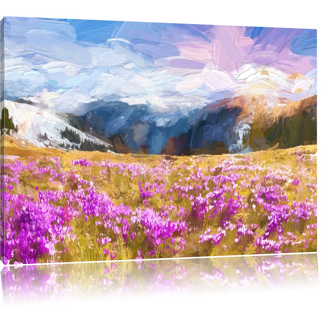 Leinwandbild "Berglandschaft mit Regenbogen und Krokussen", Grafikdruck