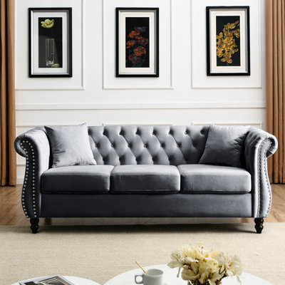 80" Living Room In Grey Velvet With Rolled Arms And Charming Nailhead Trim - Create A Cozy Atmosphere 3 Seater Soft Seat Surface, Arms, Trim, Frame