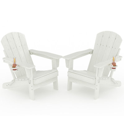 Folding Adirondack Chair Set of 2, HDPE Patio Chairs with Cup Holder, All Weather Outdoor Seating