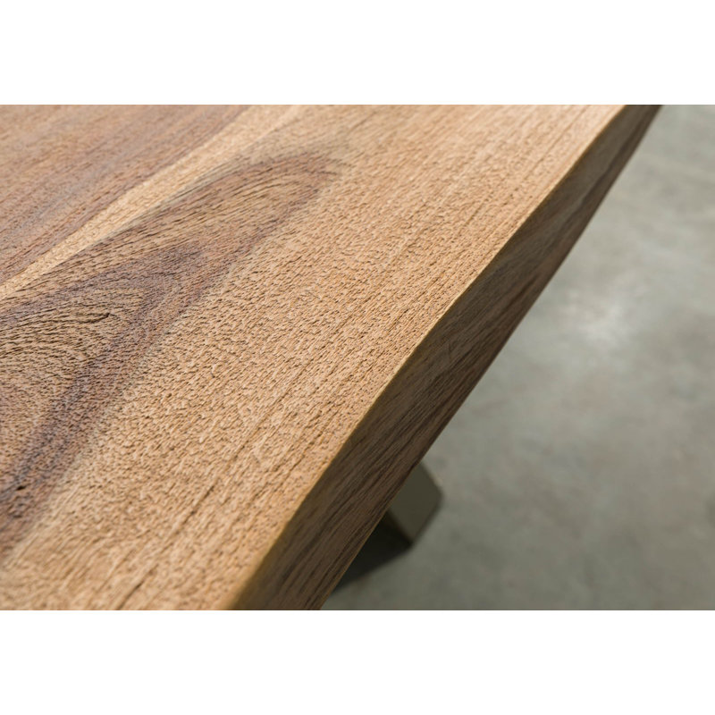 Solid Wood Top Metal Base Dining Table, 77 cm H x 180 cm L x 90 cm D, Silver, Beige