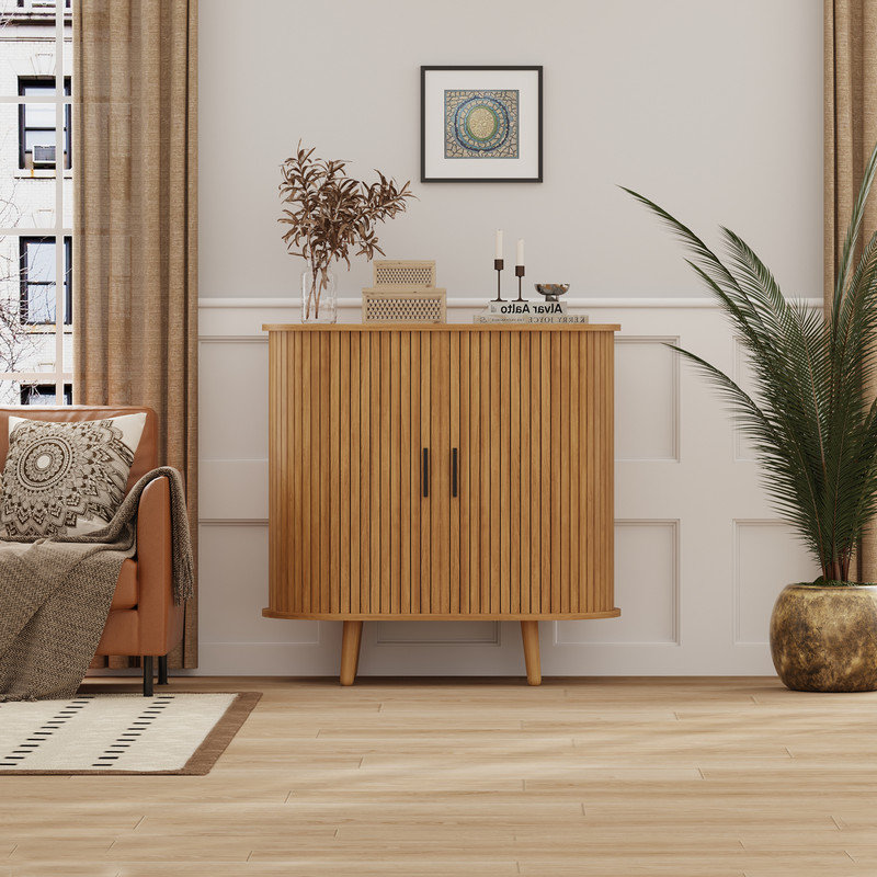Buffet 31,5 po à lattes cannelées, rangement avec portes coulissantes et tablette réglable, console moderne avec table basse et bar pour le salon, la cuisine, la salle à manger et le vestibule