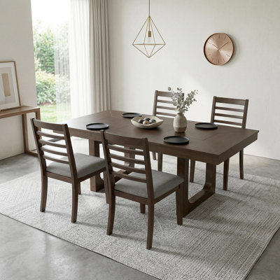 5-Piece Extendable Dining Table Set, Farmhouse Extendable Table with 18" Move Leaf, 78" Rustic Wooden Kitchen Table and 4 piece Upholstered Chairs, Expanding Dining Room Table Set, Walnut