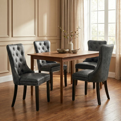 Chaises de salle à manger rembourrées capitonnées en similicuir gris foncé avec garniture cloutée, ensemble de 6