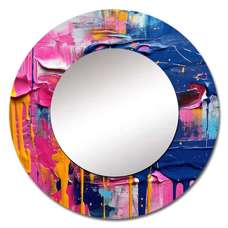 Explosions roses et bleues de couleur - grand miroir abstrait, décor de miroir mural rond unique moderne, impression d'art en métal