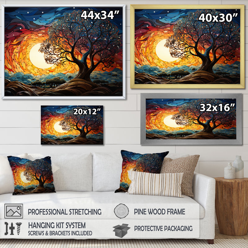 Chêne coloré au clair de lune, impression sur toile, H 12 po x l 20 po x P 1 po, Cadre simple noir