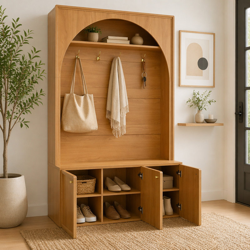 Arbre d'entrée tout-en-un avec tablettes réglables, banc de rangement pour hall d'entrée arqué rétro avec 3 armoires, Naturel