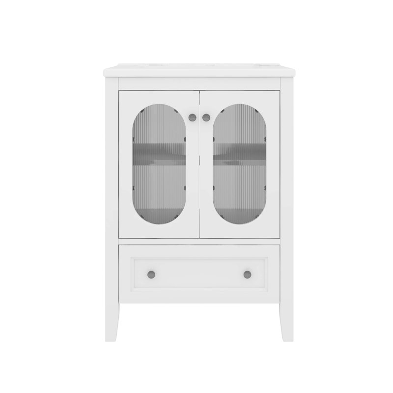 Meuble-lavabo moderne 24 po avec lavabo, 1 tiroir, 2 portes en verre et tablette réglable