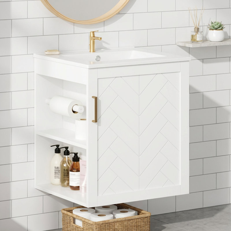 Ensemble de meuble-lavabo mural moderne avec lavabo en céramique et rangement latéral