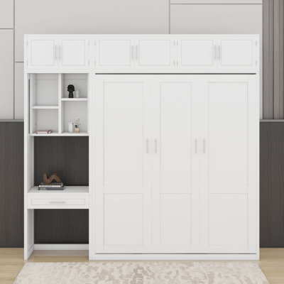 Lit escamotable mural avec bureau, armoire supérieure et tablettes de rangement