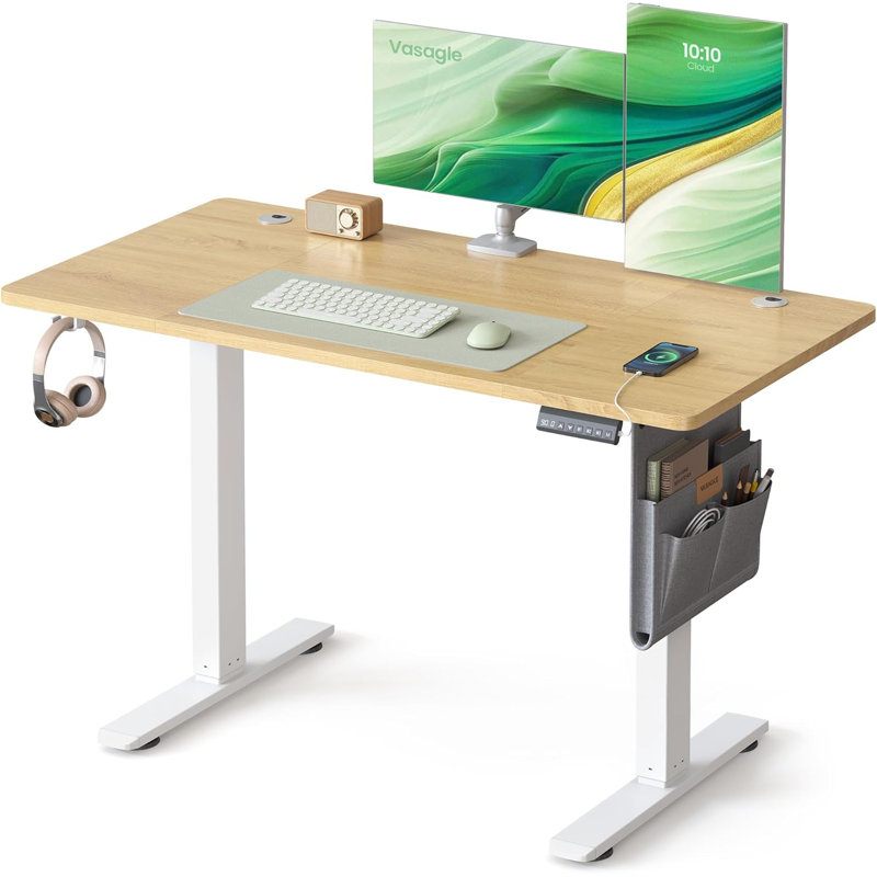 Adjustable Metal Base Standing Desk, 120cm H x 120cm W x 60cm D, Golden Oak/White