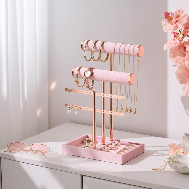 3-tier Pink Velvet Jewelry Organizer Stand