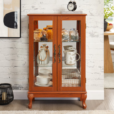 Vitrine 2 portes avec tablettes réglables, chêne foncé, verre trempé, dossier en miroir, et pour une élégante vitrine de collection à la maison ou au bureau, finition chêne, présentoir à vin