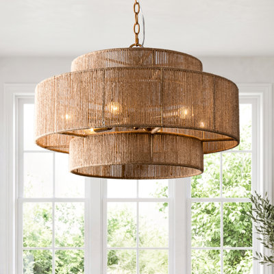 Lustre cylindrique en corde tissé à la main à 6 lumières à intensité variable Boho