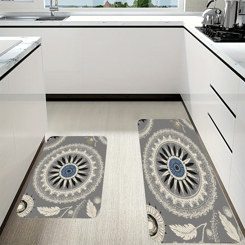 Gray Retro Decorative Pattern, Kitchen Mats Set Of 2, Gray Starburst