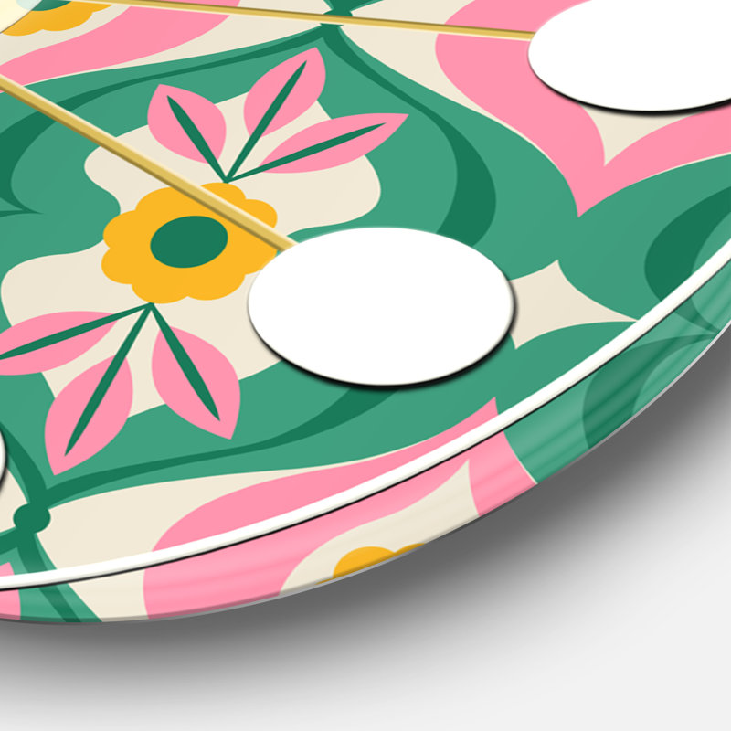 retro pattern with flowers and leaves - Mid-Century Modern wall clock, Medium