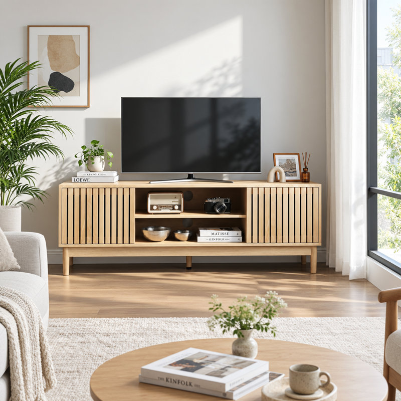 Meuble audio-vidéo moderne de 55 pouces avec rangement Mid-Century, idéal pour les salons et les chambres, Chêne