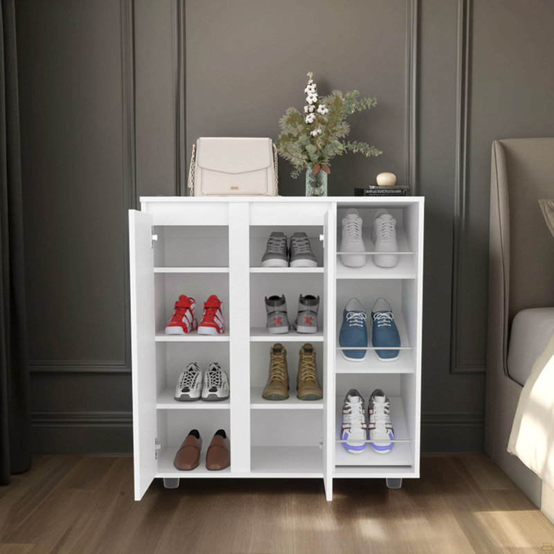 Armoire de rangement pour chaussures à 2 portes avec 8 tablettes fermées, Blanc