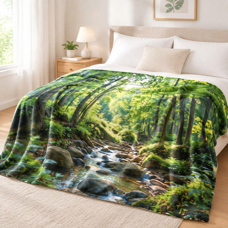 Plaid douillet en flanelle - Motif ruisseau forestier luxuriant, verdure éclatante et paysage naturel, ultra doux, léger, respirant, confort toutes saisons, agréable pour la peau, facile d'entretien, élément décoratif pour canapé, fauteuil, salon et chambre