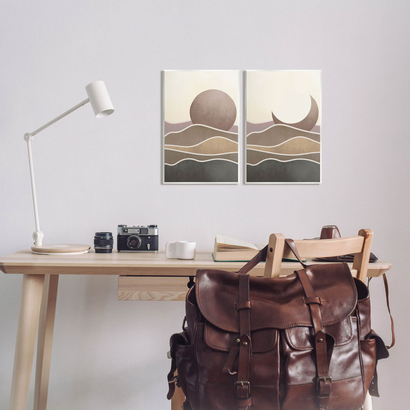 «Neutral Toned Landscape Sun Moon», ensemble de 2 plaques murales par Daphne Polselli, H 15 po x l 10 po x P 0,5 po, Unframed
