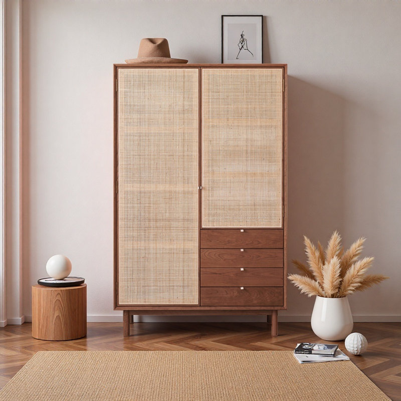 Armoire en rotin à double porte pour toutes les saisons, Couleur originale du bois