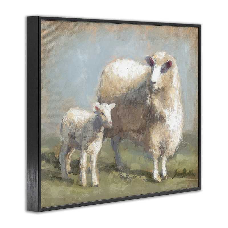 «Sheep Lamb Family Farm», estampe numérique par Sara Baker, H 24 po x l 30 po, Giclée encadrée noir minuit
