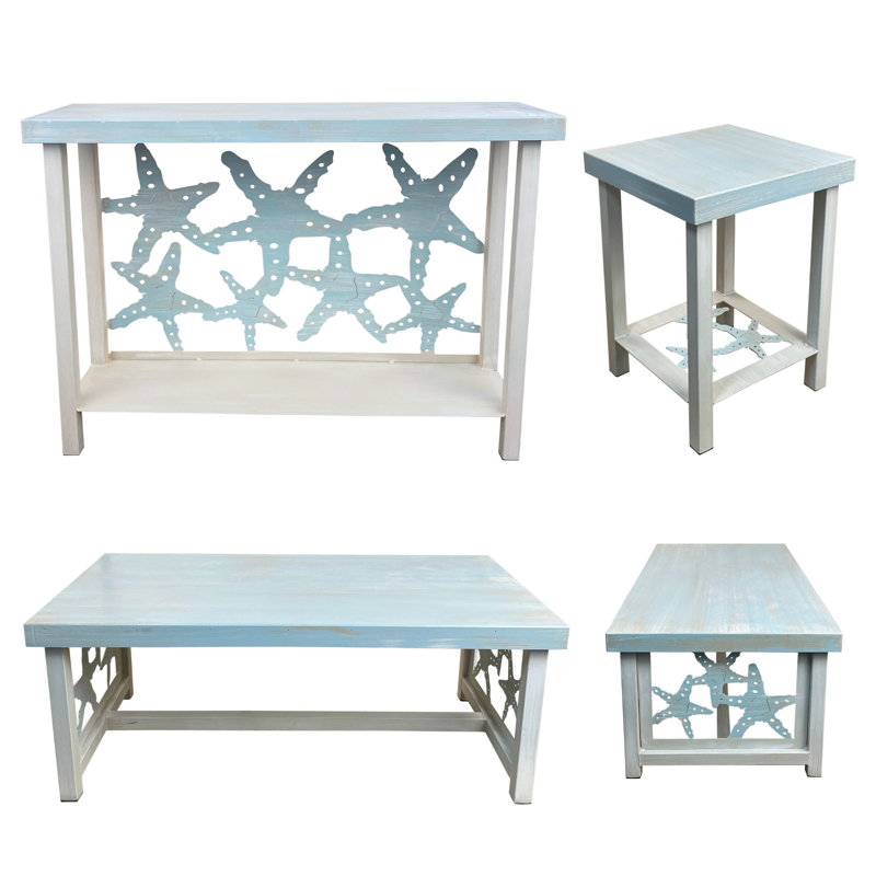 ENSEMBLE DE TABLE NAUTICAL  1 table de canapé rectangulaire, 1 table basse rectangulaire, 2 tables de bout carrées en fer