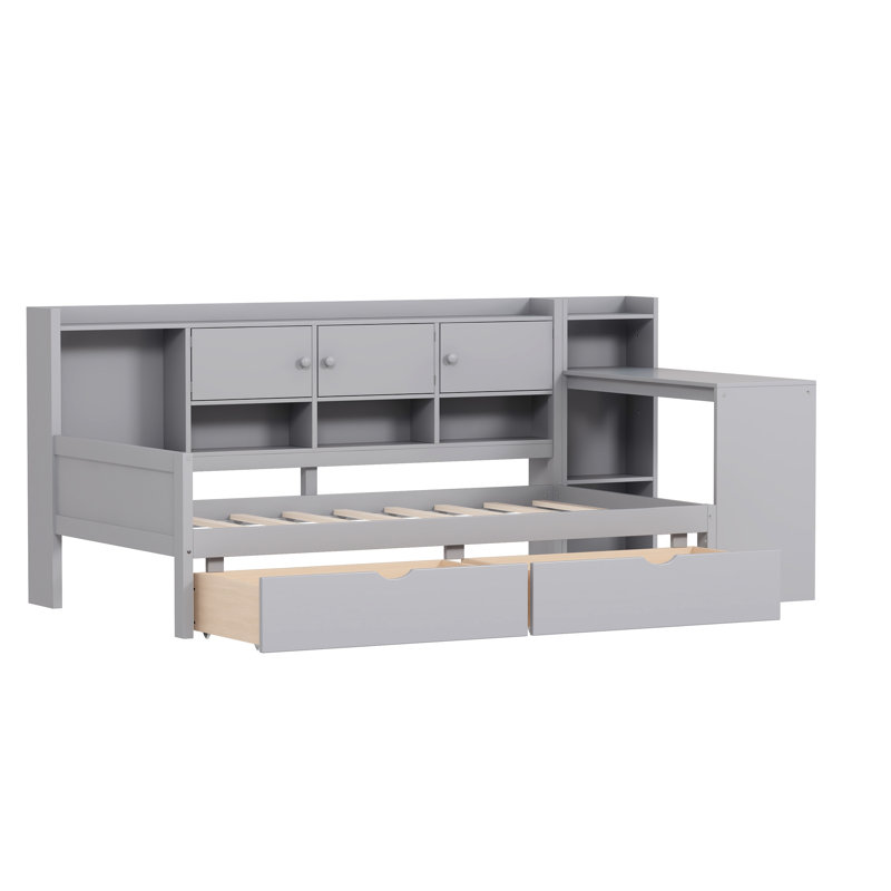 Lit de jour gris avec 3 armoires de rangement, 2 tiroirs, bureau réglable et bibliothèque - idéal pour le bureau ou l'espace invité