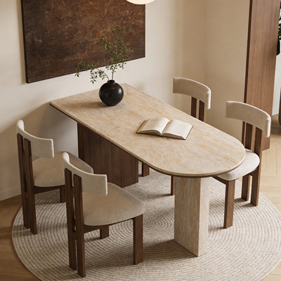 55.12"Wabi-Sabi Sculptural Sintered Stone Dining Table – Integrated Stone Top & Right Leg with Multi-Layer Solid Wood Left Support for Home
