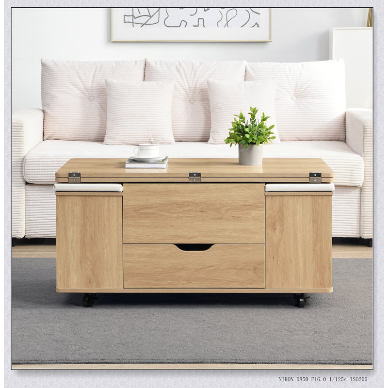Table basse multifonctionnelle à plateau relevable avec rangement caché et tabourets, parfaite pour les espaces de vie modernes