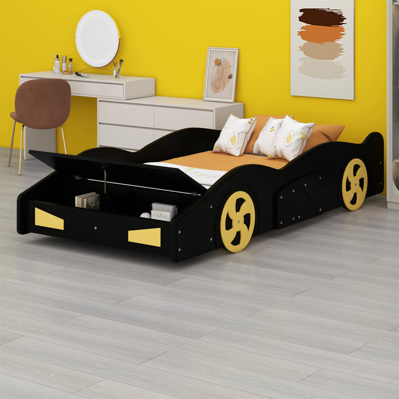 Race Car-Shaped Platform Bed With Wheels And Storage, Black/Yellow, Twin