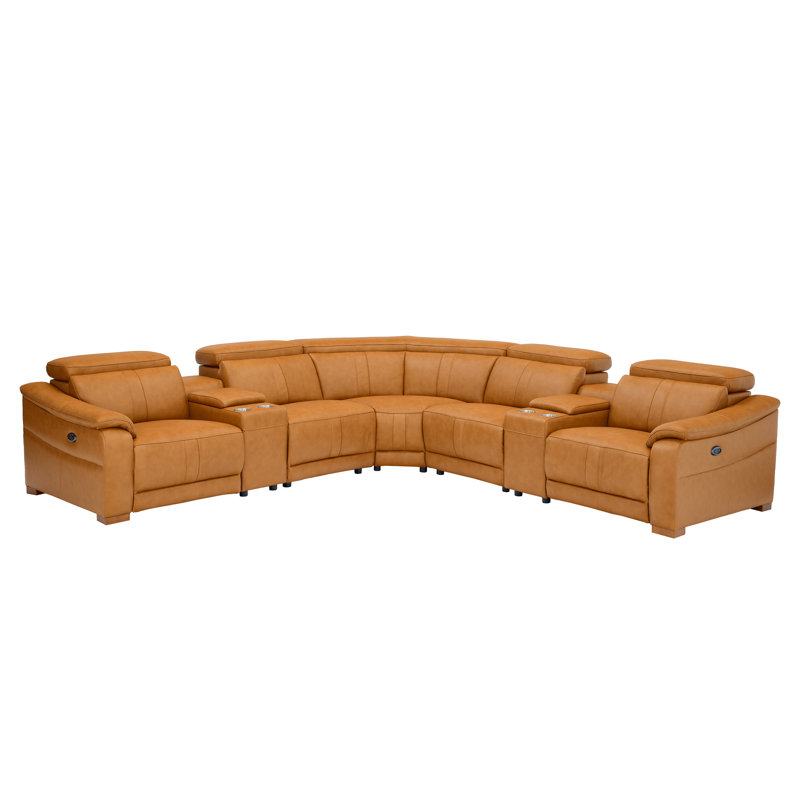 Berkhamsted Leather Recliner Theater Set, Ginger Leather Match, Brown Wood