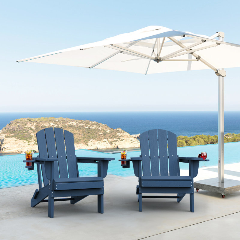 Wolak High Density Polyethylene Folding Adirondack Chair With Double Cup Holder(Set Of 2), Navy