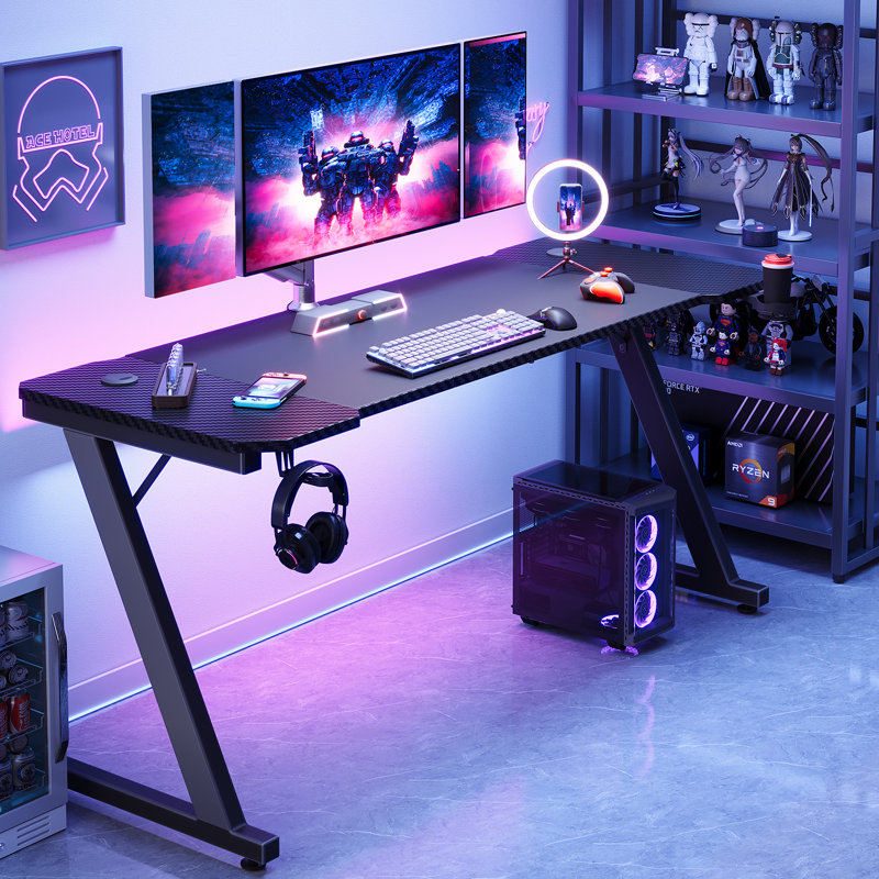Ergonomic Black Gaming Desk PC Computer Desk Home Office With Headphone Hook, Black, 75cm H x 160cm W x 70cm D