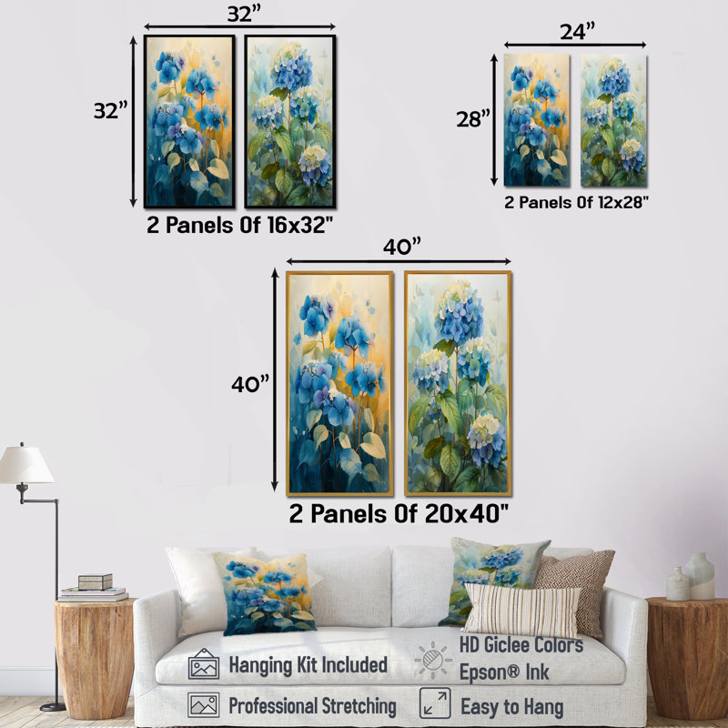 Ensemble d'hortensias muraux bleu et vert, Argent argent, H 28 po x l 24 po, Impression encadrée