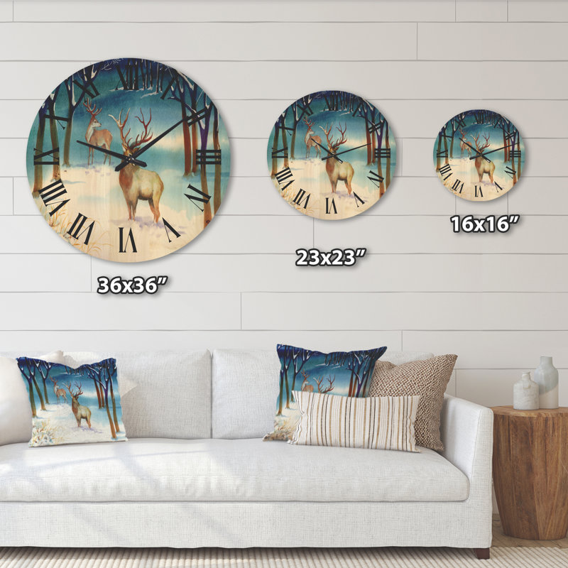 Horloge murale paysage d'hiver avec cerfs, Très grand