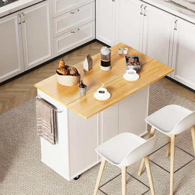 Rolling Kitchen Island Cart with Folding Drop Leaf Breakfast Bar, Portable Trolley Island with Large Storage Cabinet, Shelf and Drawer, White -  Lark Manor™, 5324428BDC914572A1B2D00803C93D98