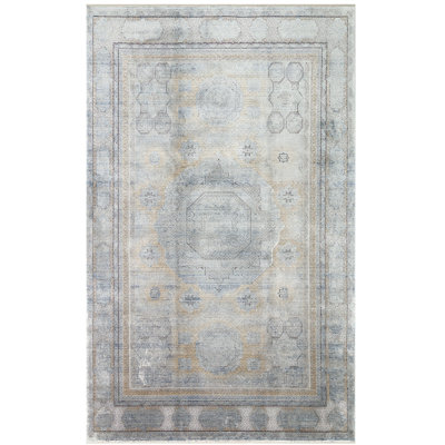 Tapis oriental gris / jaune en viscose tissé à la machine Lenhardt