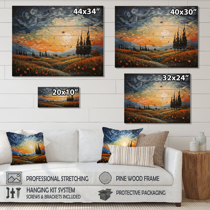 Le cyprès pointillisme III - Vangogh paysage mural en bois sur bois de pin naturel, H 30 po x l 40 po