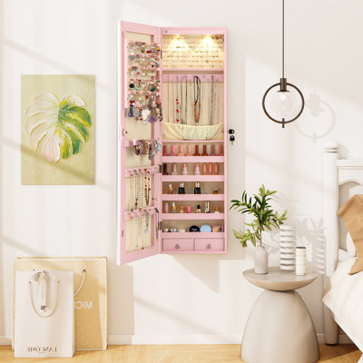 Mirrored Wall & Door Mounted Jewelry Cabinet Storage Organizer With Lights&drawer