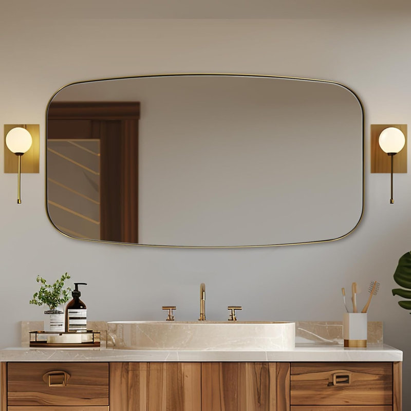 Modern Oblong Oval Bathroom Vanity Mirror | Stainless Steel Frame, Brushed Gold, 55" x 30" 