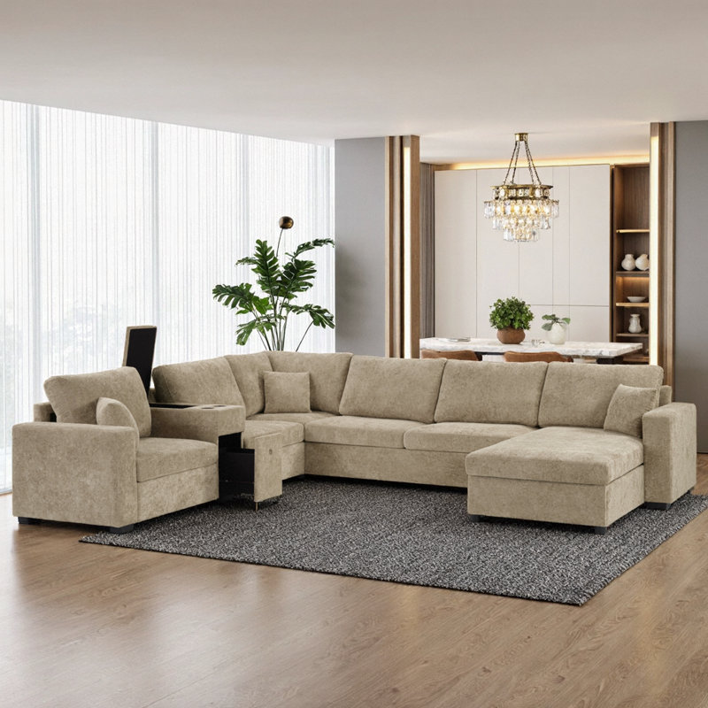 Canapé modulaire en U modulaire à 5 places avec porte-gobelets et rangement Nordic, Brown