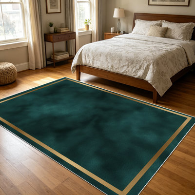 1PC Dark Emerald Green Marble with Gold Trim area rugs for Living Room, Soft and Comfortable, Suitable for all seasons, easy-to-maintain, machine washable Indoor floor mat, Under Table Farmhouse suitable for dining room, bedroom, entryway, kitchen,