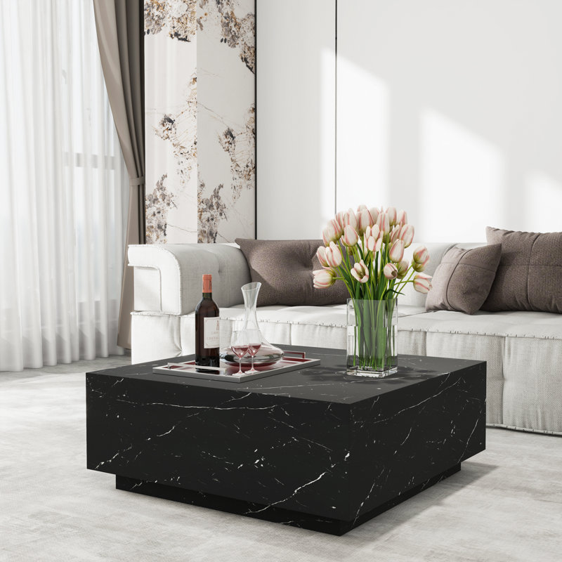 Wahidul 35'' Faux Marble Modern Block Coffee Table, Black