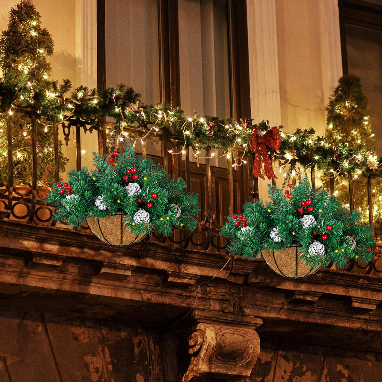 The Holiday Aisle® Set of 2 15.7inch Flocked Christmas Hanging Basket