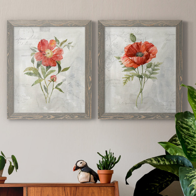 Lin pivoine - ensemble de 2 reproductions d'art, H 24 po x l 36 po x P 1,5 po, Toile avec cadre gris, Pas de tapis